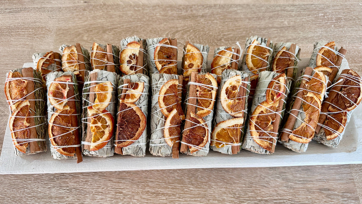 White Sage Sticks with Orange Slices, Cinnamon, & Rosemary